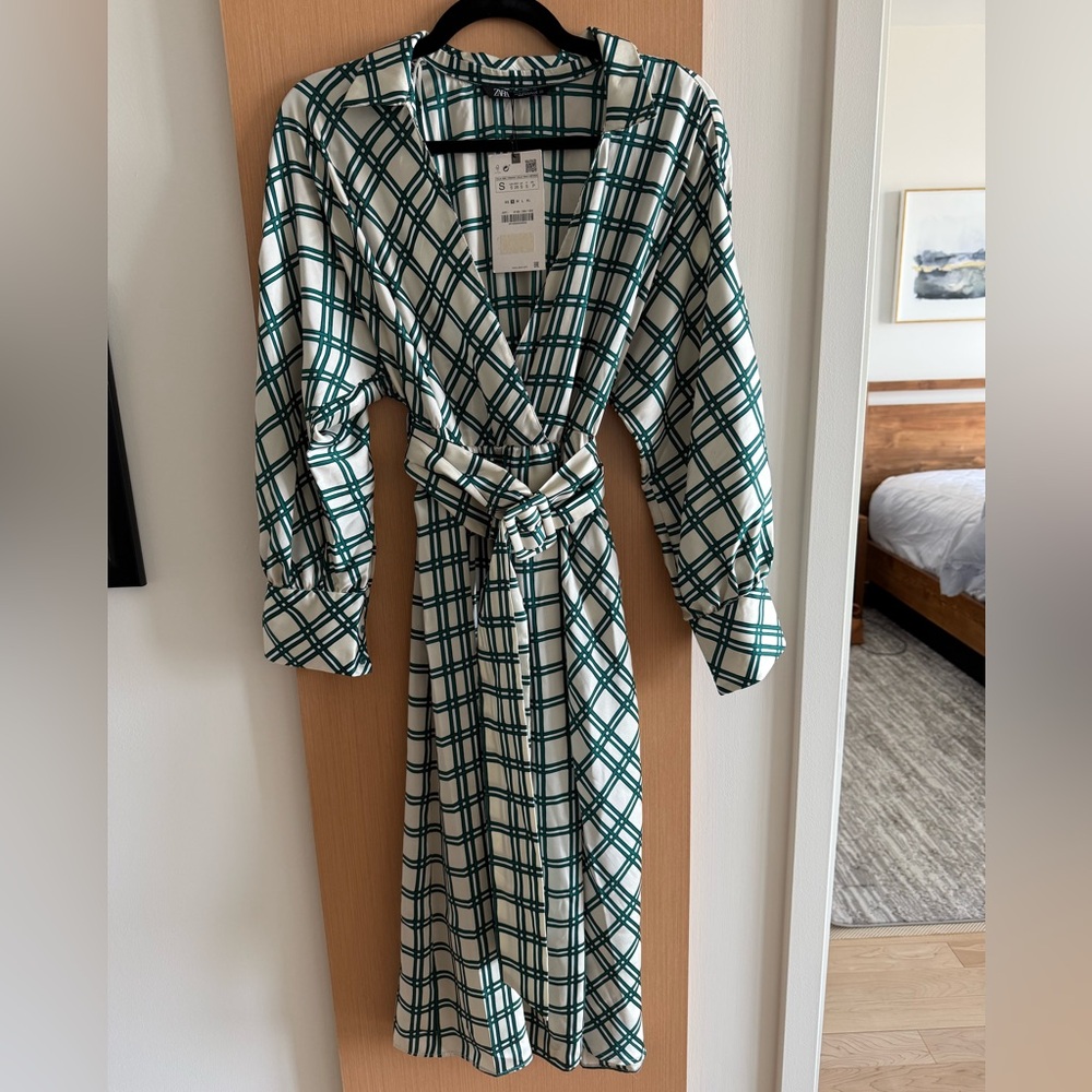 Zara Green and White Checkered Dress